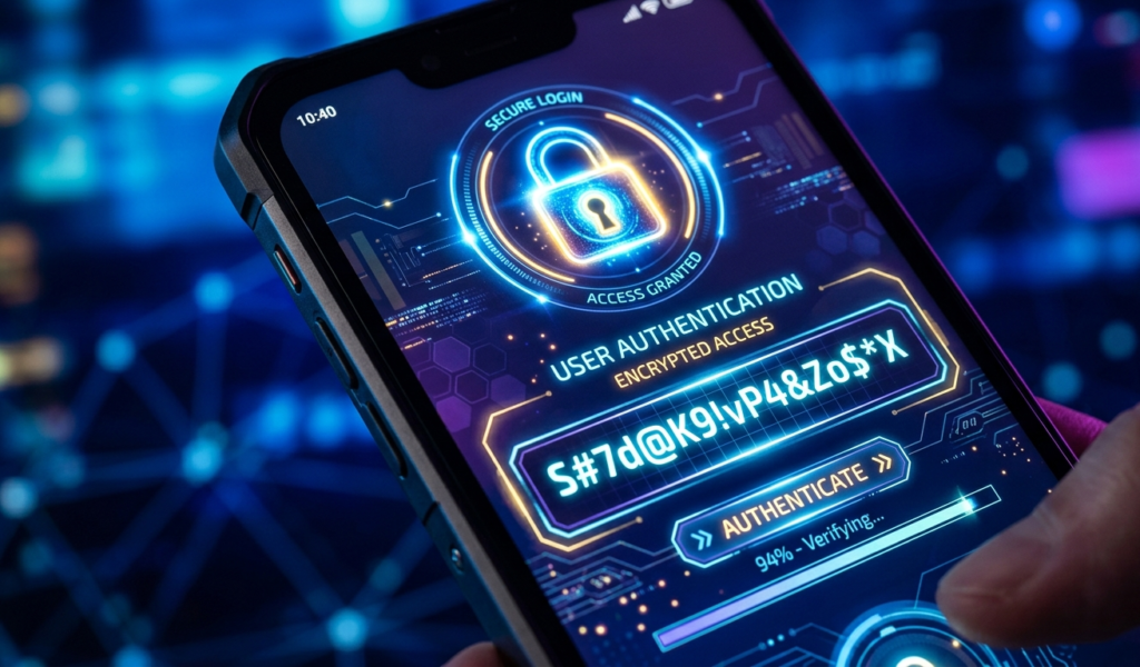 A close-up of a smartphone screen displaying a strong password with symbols and numbers, glowing lock icon, futuristic UI design, high-tech digital art