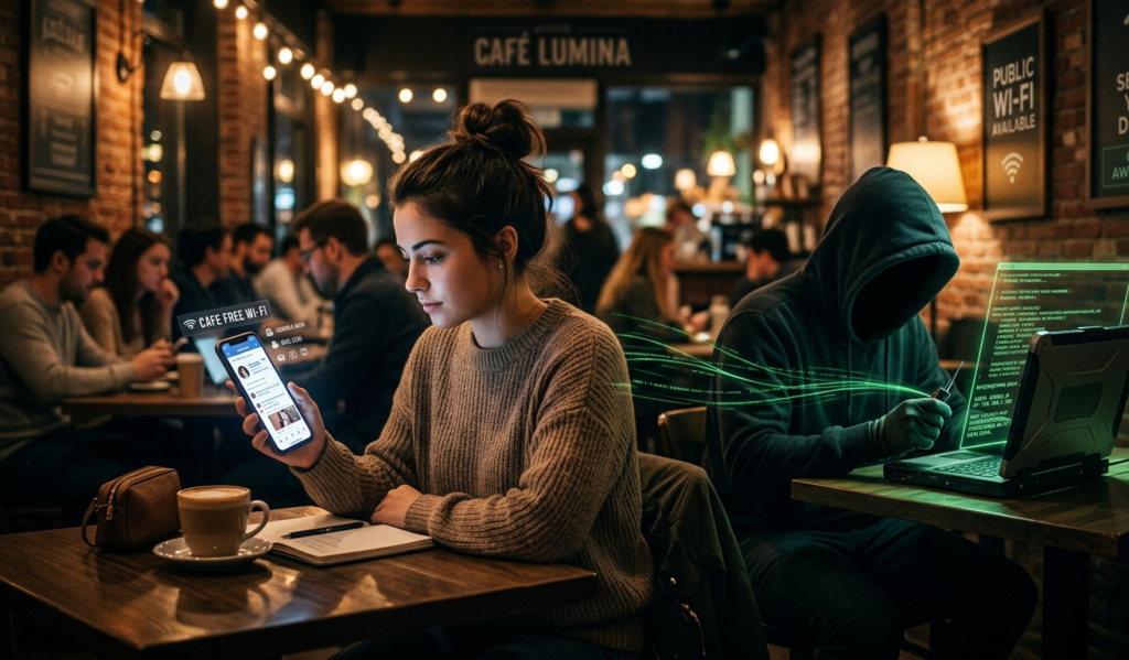 A person using a smartphone in a public café with a shadowy hacker figure in the background intercepting data, dramatic lighting, realistic style, cybersecurity awareness theme