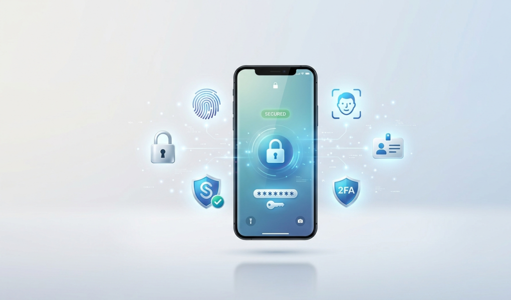 A modern smartphone surrounded by floating security icons like padlocks, fingerprint, shield, and password symbols, clean background, minimal tech design, bright and professional look