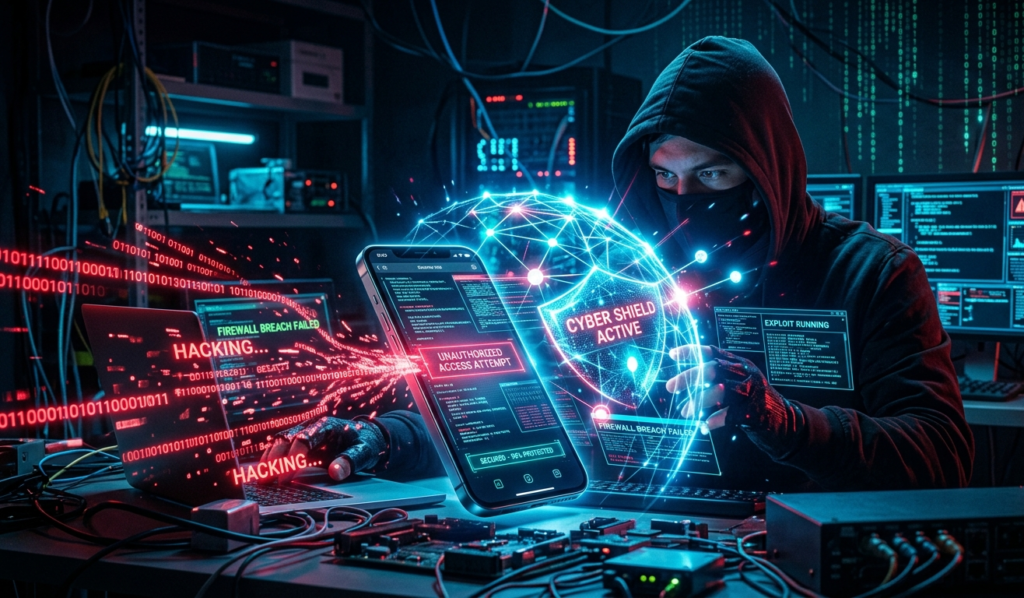 A dark scene showing a hooded hacker trying to break into a glowing smartphone, while a bright digital shield protects the phone, cyber security theme, neon blue and red lighting, high detail, futuristic style
