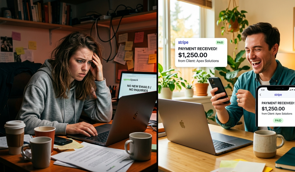 Split scene: left side frustrated freelancer with no clients, right side happy freelancer receiving first payment, emotional contrast, vibrant colors