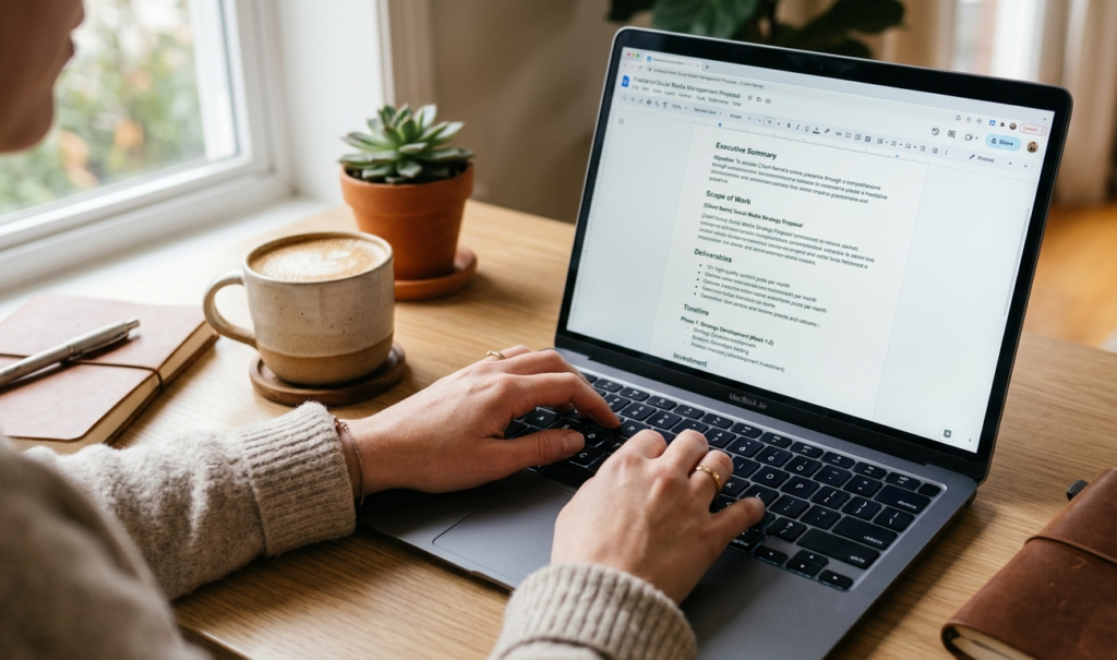 A laptop screen displaying a freelance marketplace dashboard with job listings, clean UI design, hands typing, warm lighting, realistic digital workspace