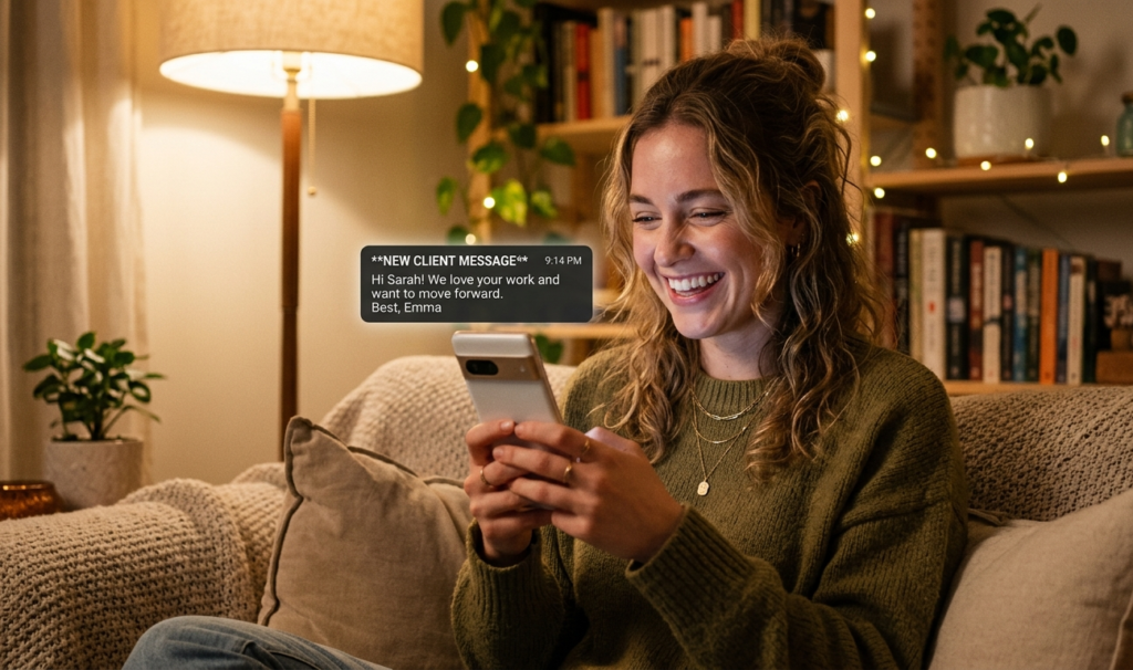 Smartphone screen showing ‘New Client Message’ notification, person smiling with excitement, cozy room background, cinematic lighting, realistic