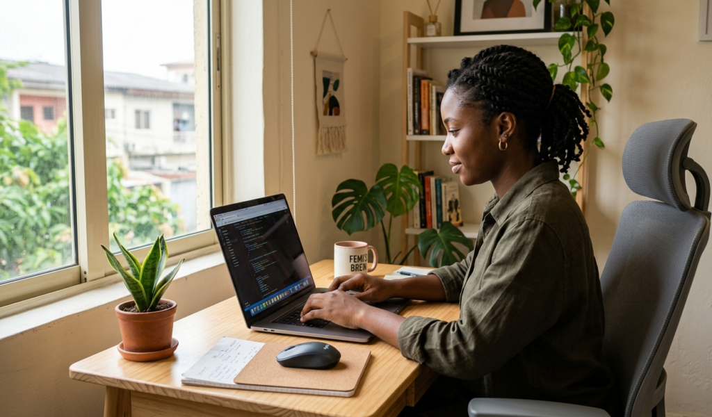 A young African freelancer working on a laptop in a small home workspace, focused and motivated, natural lighting, modern minimal desk setup, realistic style