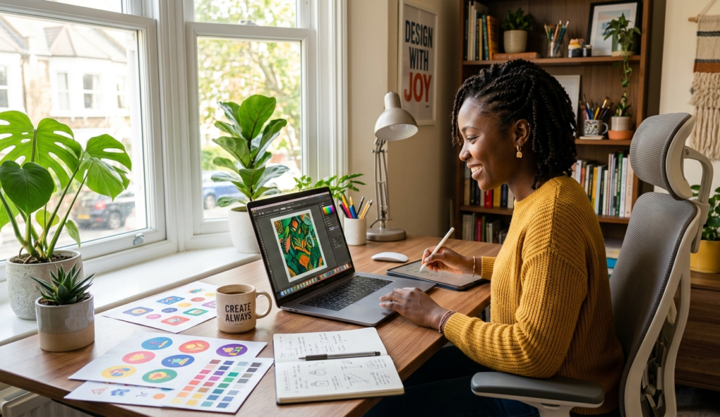 A young African woman, 23 years old, sitting at a modern desk in a cozy home office, working on a laptop designing graphics, focused and motivated, natural sunlight coming through a window, coffee mug nearby, colorful design sketches on the desk, realistic and vibrant style, professional yet approachable atmosphere”