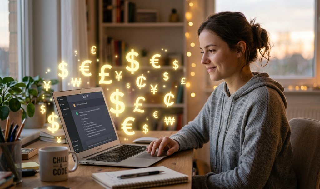 A beginner sitting with a laptop, using ChatGPT on screen, glowing money symbols floating around, realistic style, soft lighting