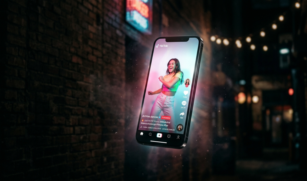 A glowing smartphone floating in the air showing viral TikTok-style videos, dark aesthetic background, cinematic lighting