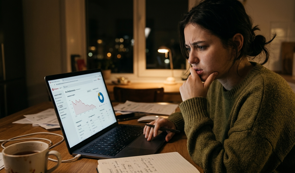 A young person sitting with a laptop at night, looking confused while analyzing Pinterest analytics, soft glowing screen, emotional and realistic mood”