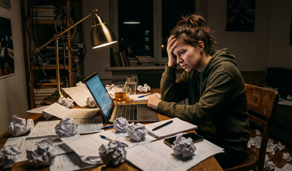 A young person sitting with a laptop, surrounded by crumpled papers, looking frustrated and stuck, late at night with dim lighting, realistic style on how to start a blog