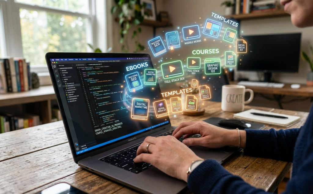 Hands typing on a laptop with floating icons of digital products (ebooks, courses, templates) being created to turn your skills into an online income 