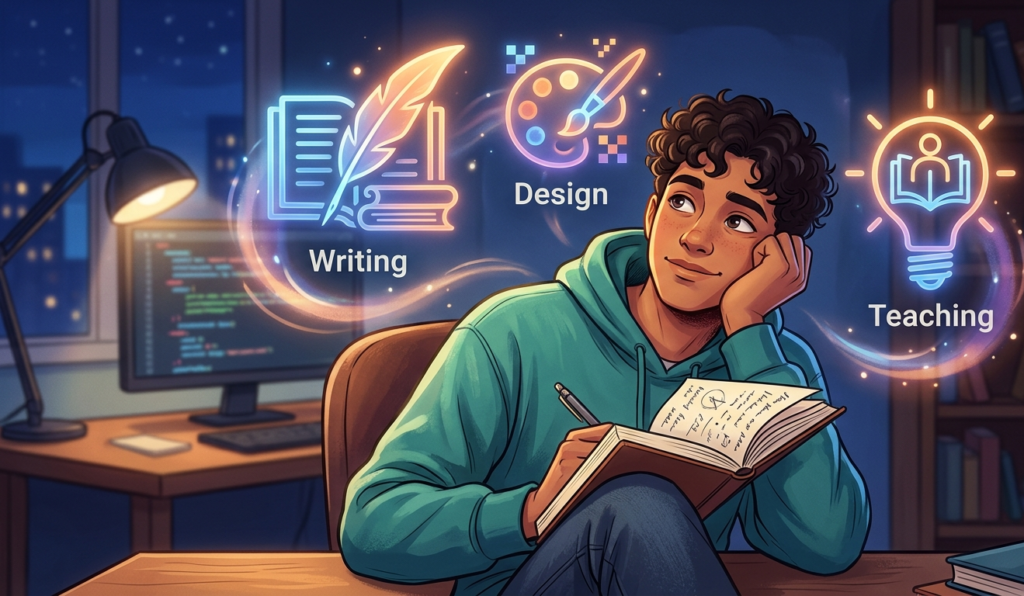 A young person sitting with a notebook, thinking deeply with glowing skill icons (writing, design, teaching) around their head, digital style