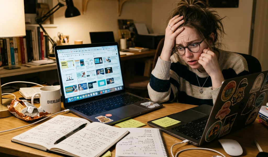 A confused person sitting in front of a laptop with multiple tabs open showing too many ideas, representing “trying everything at once”