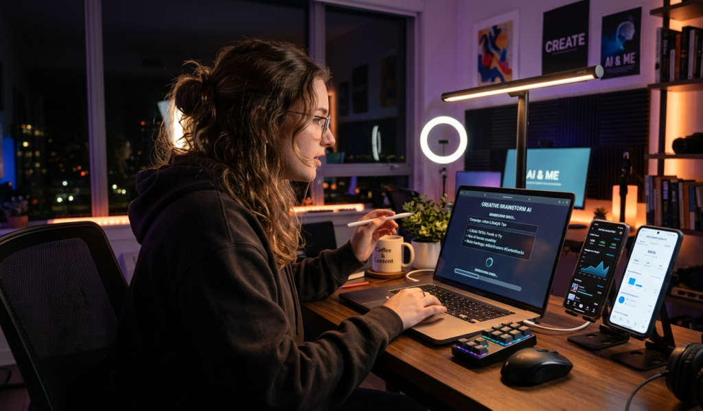 A young content creator sitting at a desk at night, laptop open showing AI tools generating ideas, phone showing TikTok and Instagram analytics, glowing screen light, modern aesthetic, creative workspace, realistic style