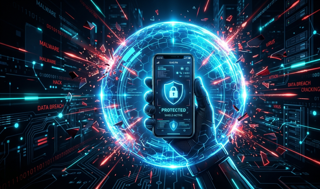 A glowing shield protecting a smartphone from digital hacker attacks, dark background, futuristic style