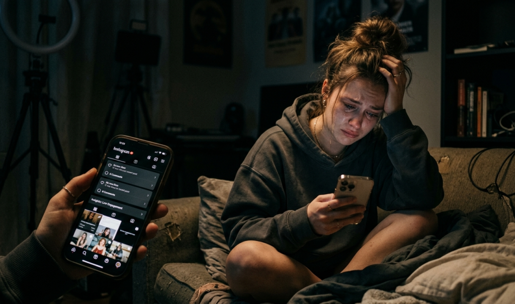 A stressed young content creator sitting in a dark room, scrolling Instagram with low engagement notifications on screen, emotional and frustrated mood, cinematic lighting.