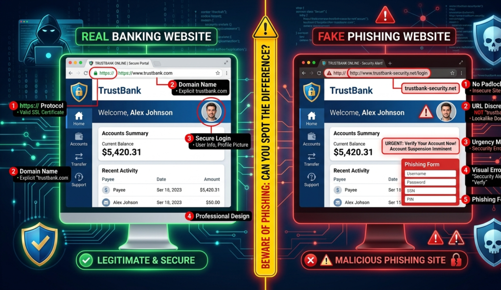A split-screen image showing a real banking website vs a fake phishing website, warning symbols, red flags highlighted, cybersecurity theme, modern digital illustration, high detail