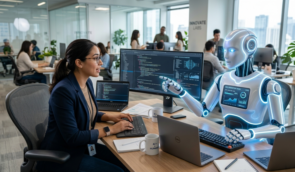 A human working side-by-side with a glowing AI robot in a modern office, showing collaboration and working on how ai can improve productivity