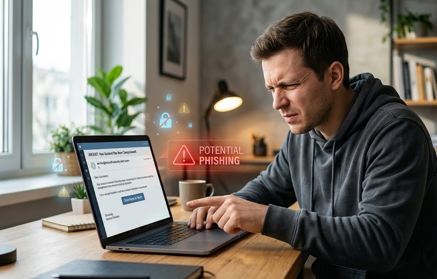 Person examining a suspicious email on a laptop to avoid an online scam.