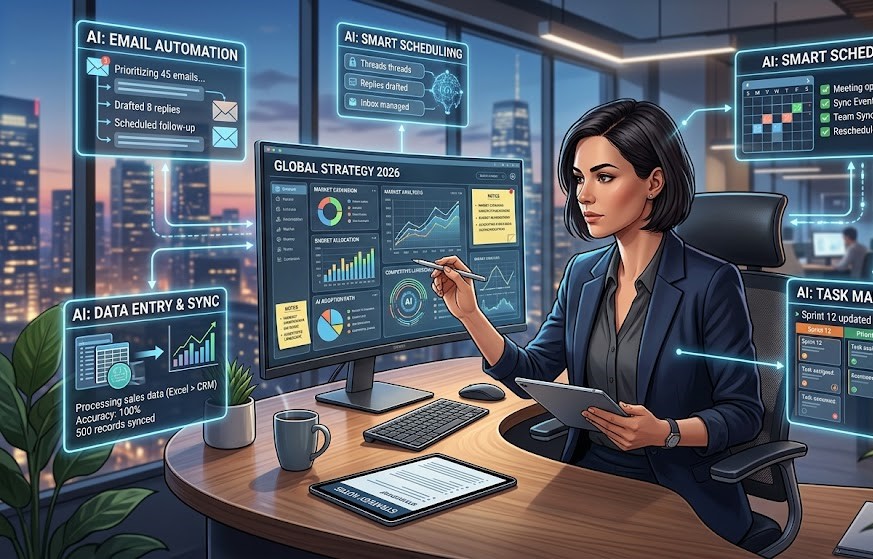 Artificial intelligence automating repetitive office tasks to increase efficiency.
