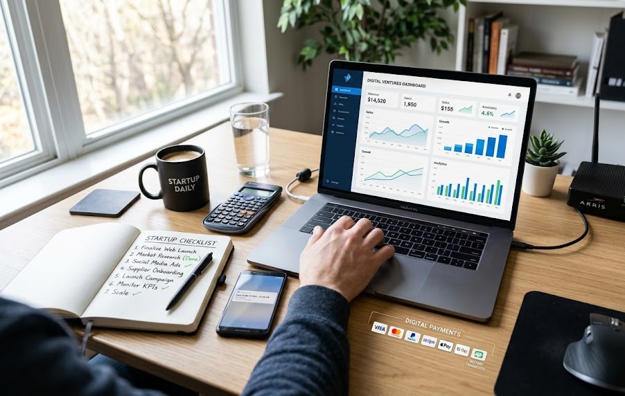 A modern home office desk with a laptop displaying an online business dashboard, a notebook with a startup checklist, smartphone, calculator, coffee mug, Wi-Fi router, digital payment icons, and organized workspace, bright natural lighting, realistic photography, ultra-detailed, professional business atmosphere, shallow depth of field, 16:9.