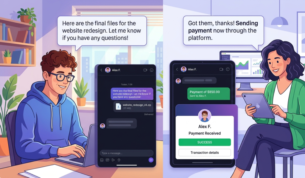 Two people communicating online (chat interface visible), one delivering work and the other sending payment, remote freelance work concept, modern UI style
