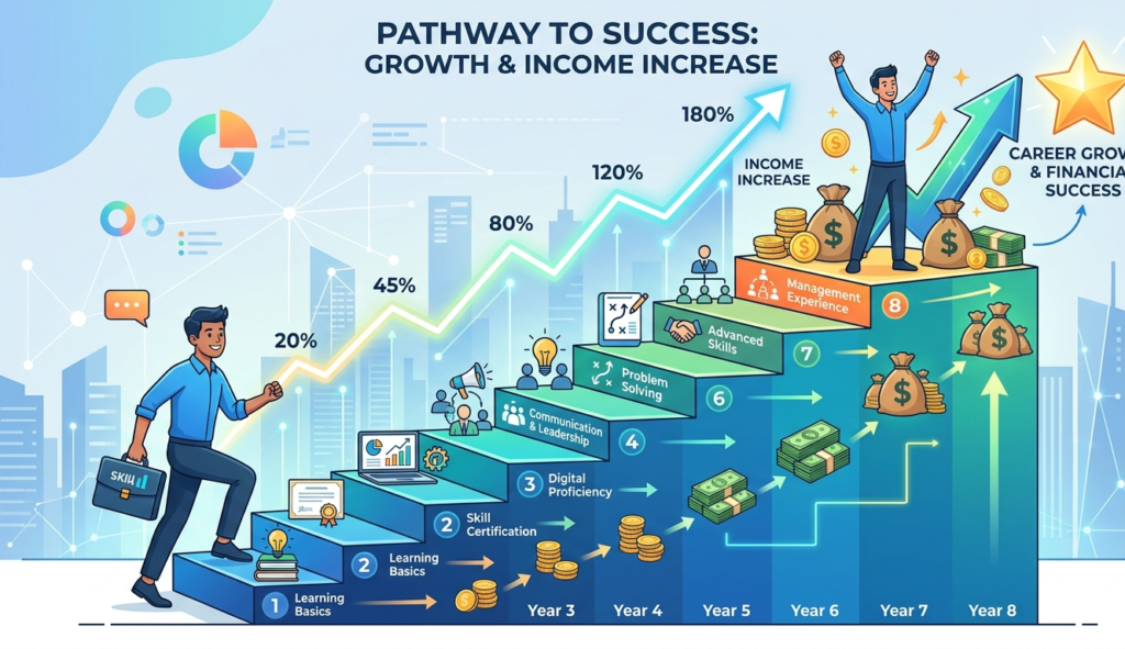 A staircase or graph going upward with icons of skills turning into money, symbolizing growth and income increase, clean infographic style