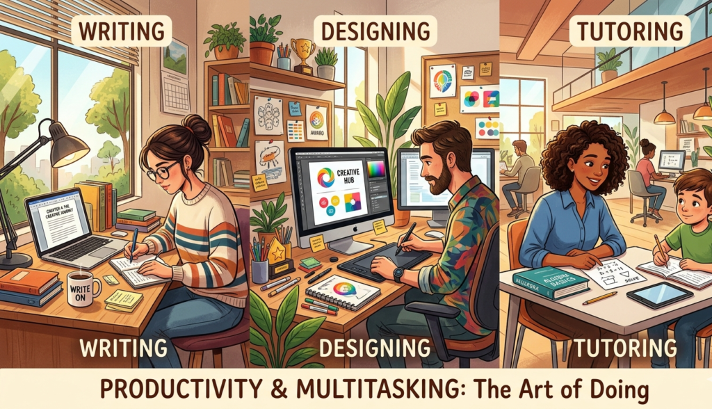Split scene showing small tasks like writing, designing, and tutoring happening at the same time, visual storytelling style, productivity and multitasking concept