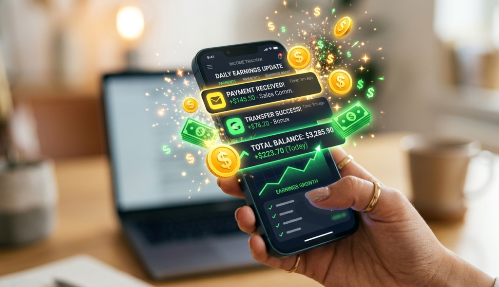 Close-up of a smartphone showing payment notifications and earnings increasing, money symbols popping up, bright and exciting mood, digital income concept