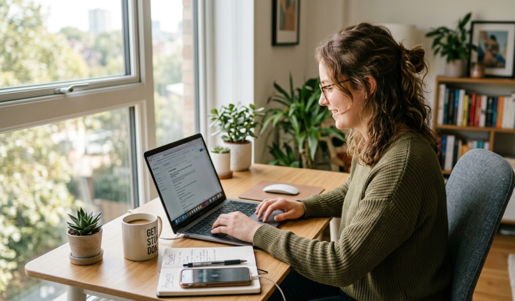 A beginner freelancer working on a laptop with multiple tabs open (writing, design, chat), clean desk setup, natural lighting, realistic modern environment working on how to turn simple skills into daily cash