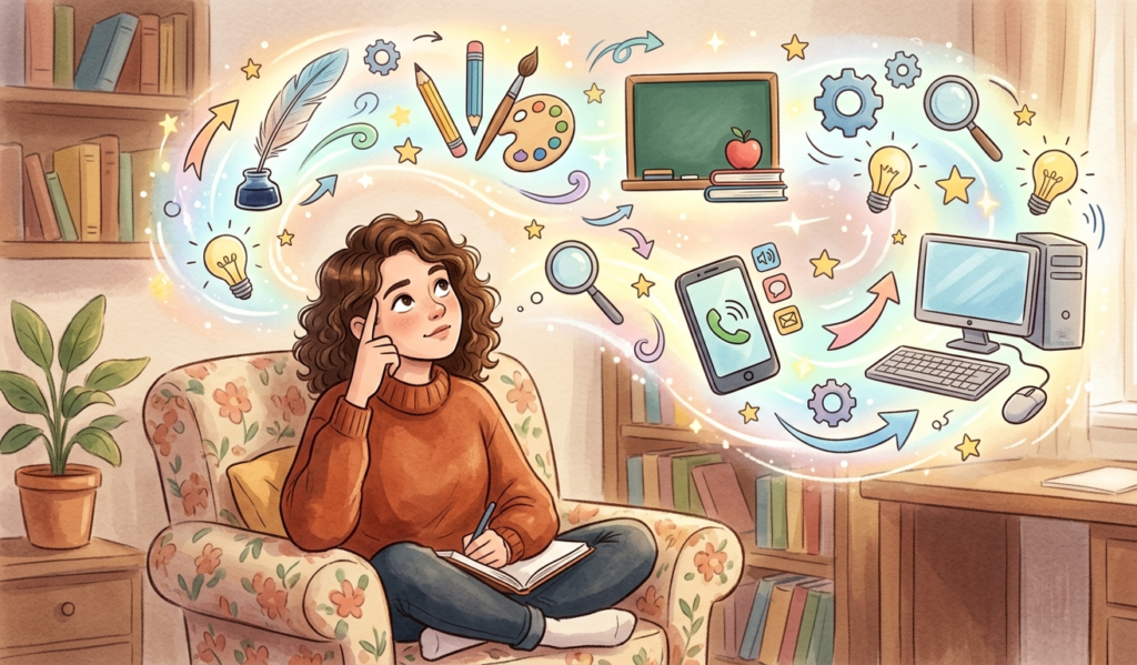 A person sitting and thinking with icons of different skills around their head (writing, design, teaching, phone, computer), creative illustration style, soft colors, concept of discovering personal skills