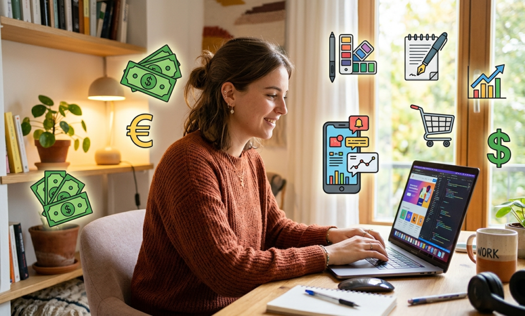 A young person working on a laptop in a cozy workspace, multiple income icons floating around (money, phone, design tools, writing), bright lighting, modern aesthetic, showing online earning and productivity, realistic style, high resolution, blog thumbnail