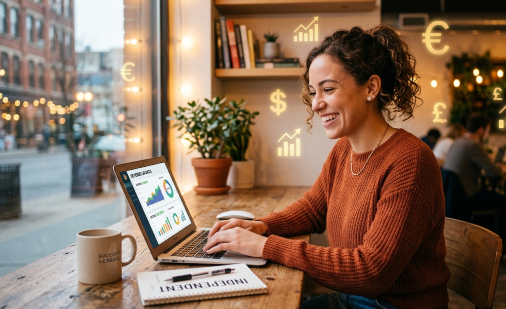 A confident person working on a laptop with a smile, money icons subtly in the background, success and independence concept, warm lighting