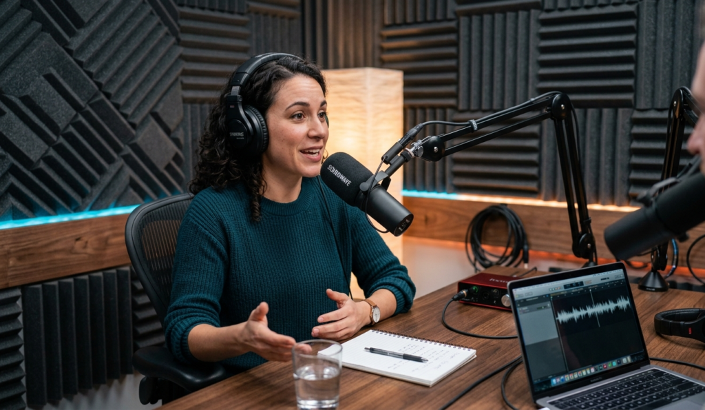 Person recording a podcast episode to reach audiences and drive traffic without using SEO or social media