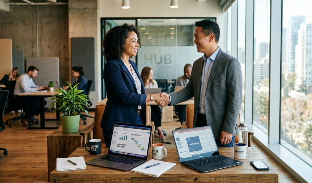 Two professionals networking and forming partnerships to generate website traffic without relying on SEO or social media.