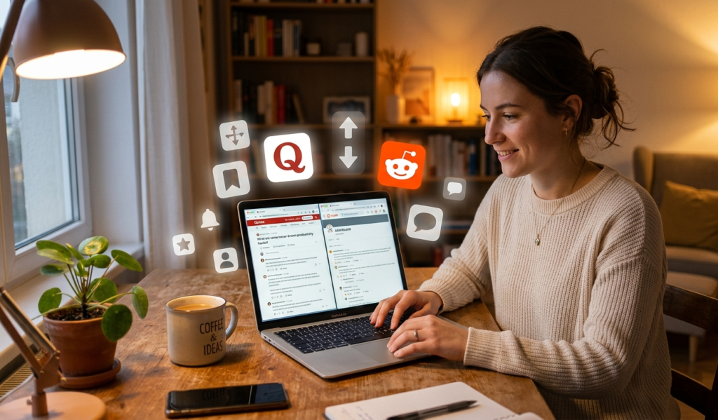 Person browsing online communities like Quora and Reddit to engage with audiences and drive traffic without SEO or social media