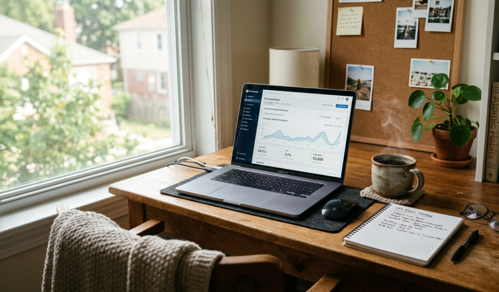 Person checking email marketing dashboard on laptop, planning campaigns to get traffic without SEO or social media
