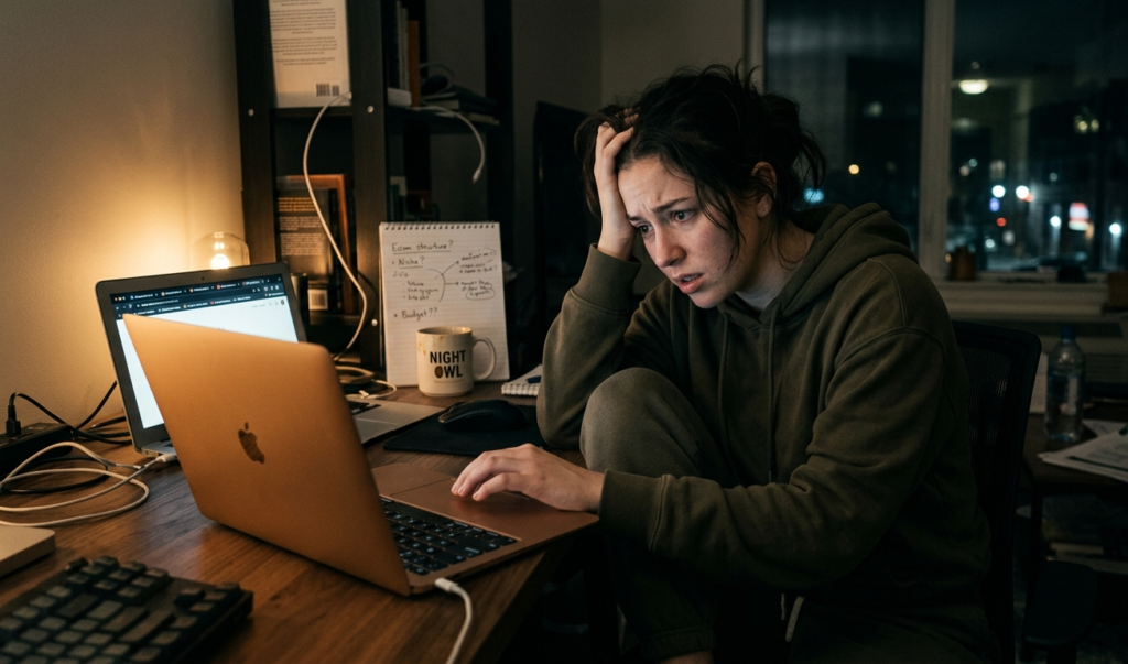 A young person sitting alone at night with a laptop, looking confused and overwhelmed, multiple browser tabs open about online business, dim lighting, realistic emotional scene, modern room setup, cinematic lighting