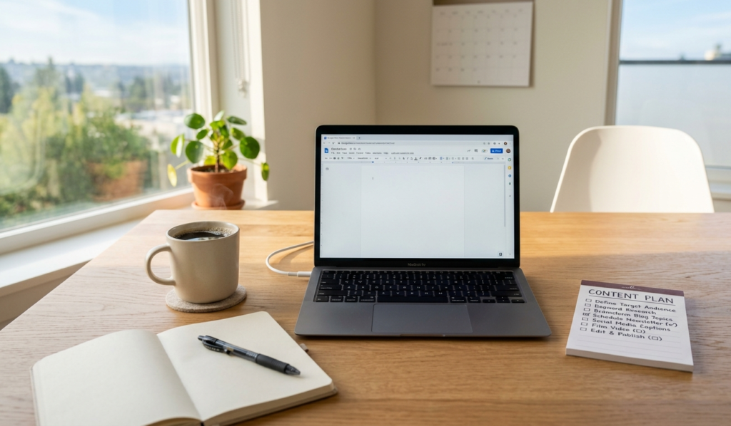 Organized workspace showing daily content creation routine for online consistency