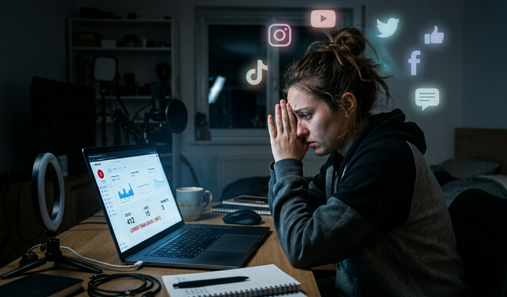 Content creator feeling overwhelmed while checking low online engagement on laptop