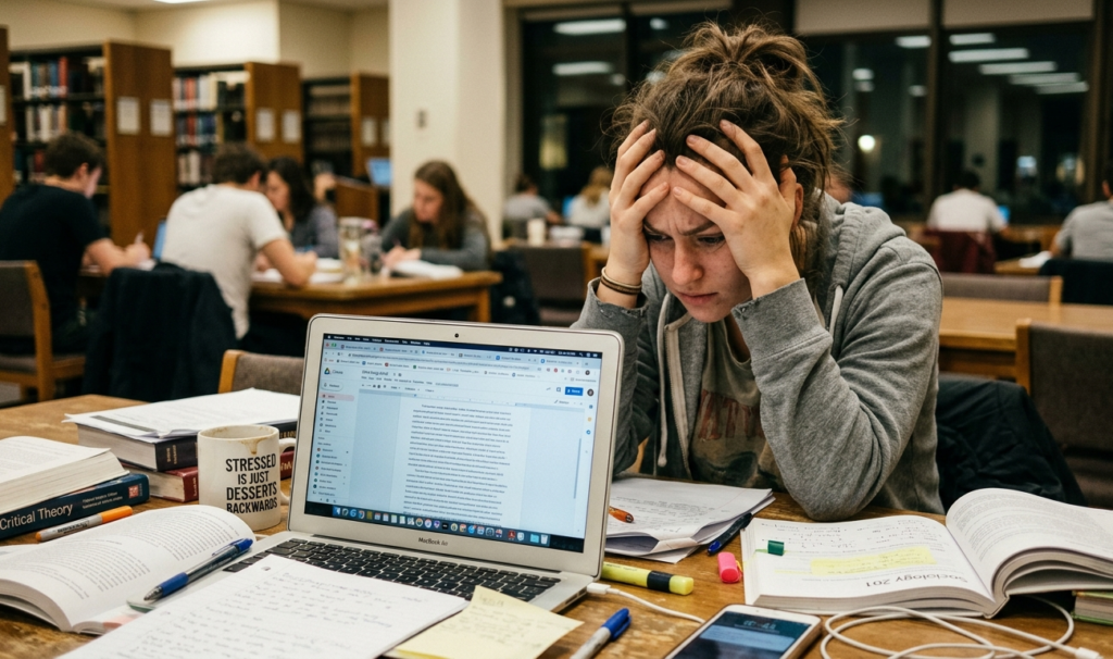 A student looking stressed with a laptop open, multiple tabs on the screen, holding their head in frustration