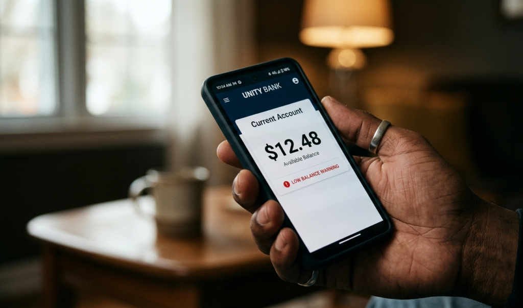 Phone screen showing low balance during online money experiment struggle
