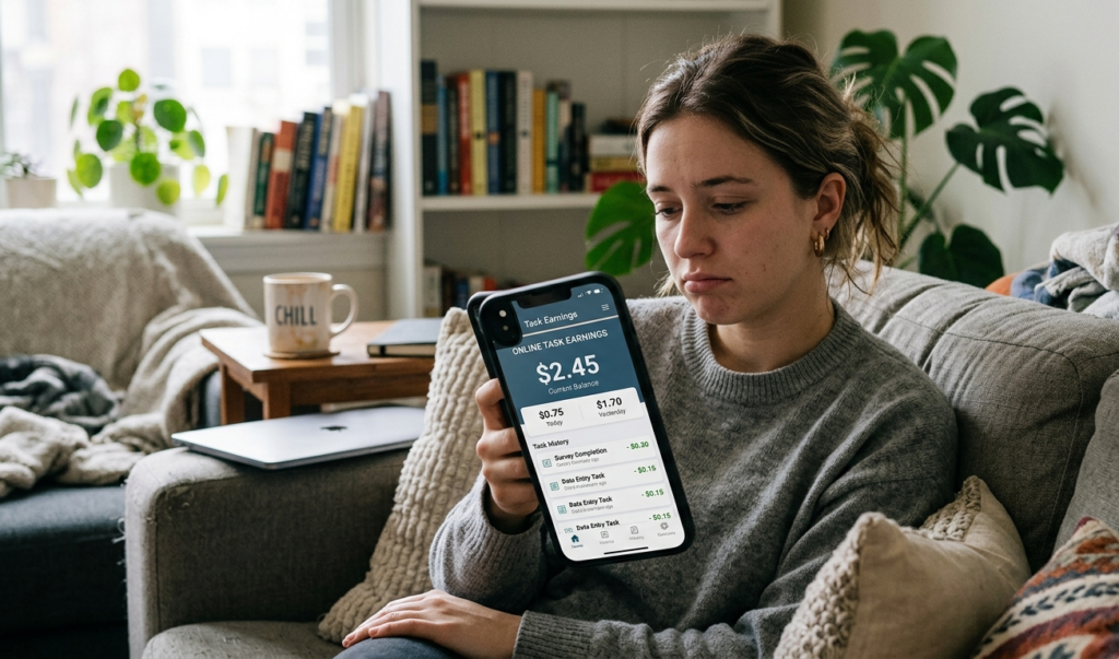 Realistic photo of a person looking slightly disappointed at a phone showing low earnings from online tasks, casual indoor setting, natural lighting