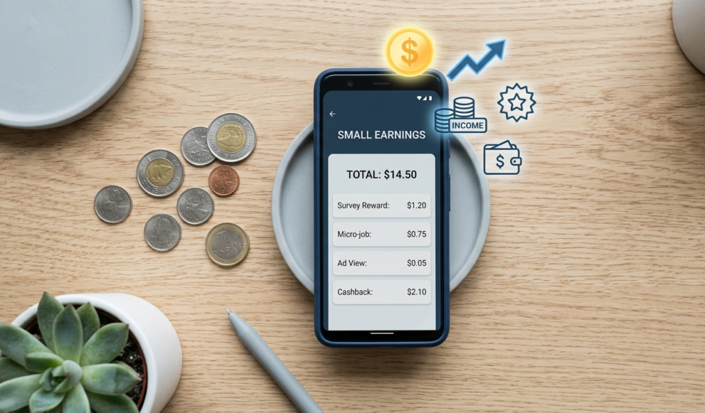 Minimal flat lay showing coins, phone, and digital earnings icons floating above screen, representing small online income, clean modern style for simple tasks for quick cash
