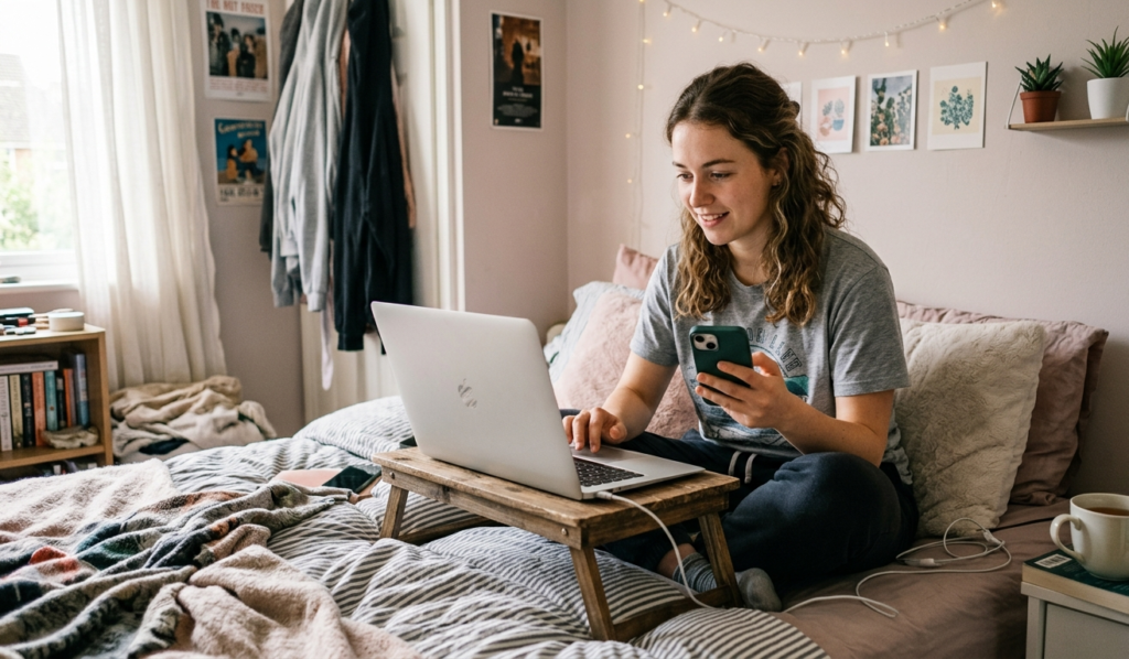 A young person sitting on a bed using a smartphone and laptop, multitasking with simple online work, casual home environment, realistic lifestyle photography style