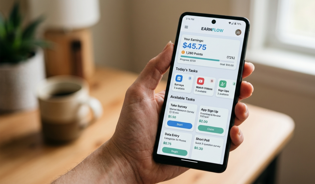 Close-up of a hand holding a smartphone showing a task app interface with surveys, small earnings dashboard, and simple online tasks, modern realistic UI, soft lighting