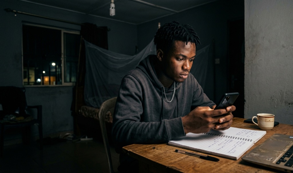 A realistic photo of a young African student sitting in a dimly lit room at night, holding a smartphone and looking focused, simple desk with notebook, low light atmosphere, realistic style