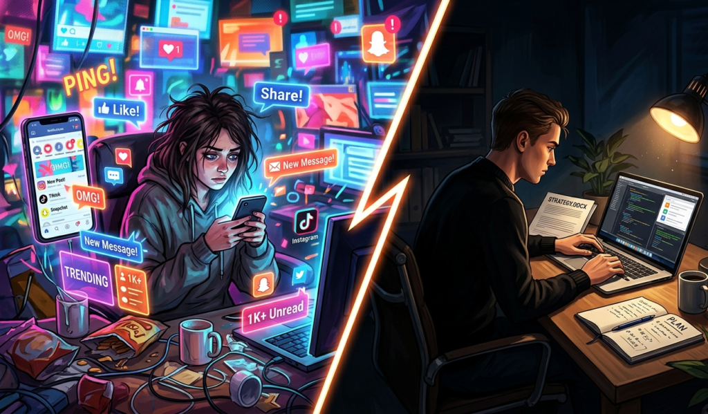 Split scene showing one side with social media distractions and the other side with focused work on a laptop, dramatic lighting, concept illustration