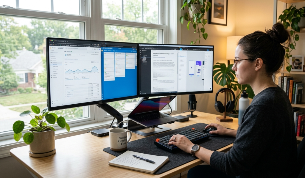 A freelancer working on dual monitors showing analytics, content writing, and design tools, modern workspace, focused atmosphere, high detail, realistic style