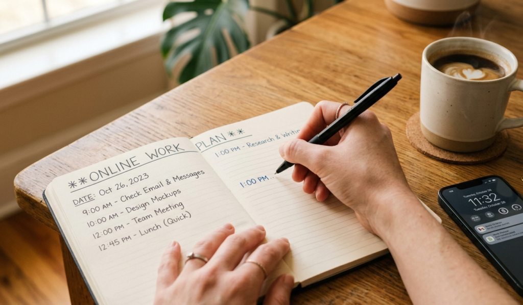 Close-up of a hand writing a daily schedule in a notebook labeled “Online Work Plan,” with a phone and coffee beside it, warm lighting, clean aesthetic, realistic style