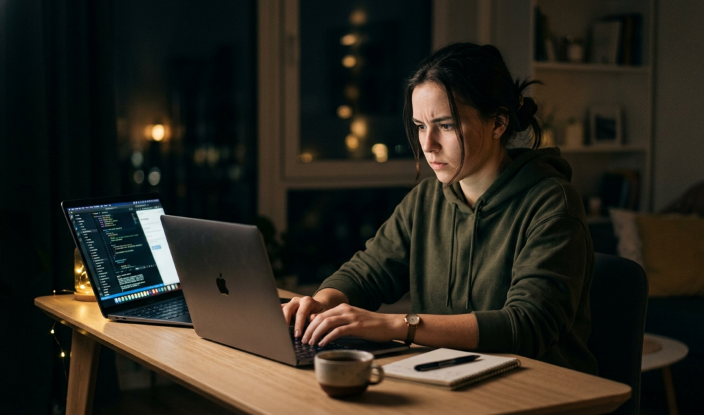 Beginner practicing Simple Daily Habits That Can Increase Your Online Income while working on a laptop at night